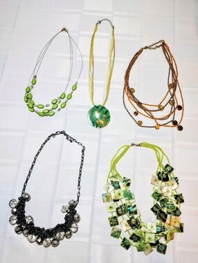Layered Beaded Necklaces Green, Brown & Black & Shell-Style, Set of 5